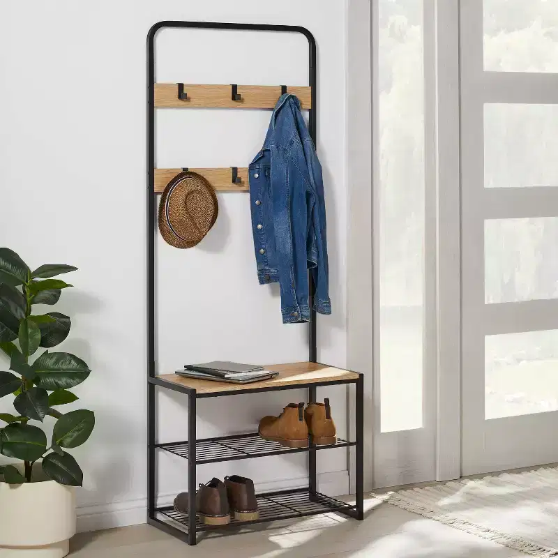 3 Tier Entry Bench with Hooks Black Metal with Natural Wood - Brightroom™
