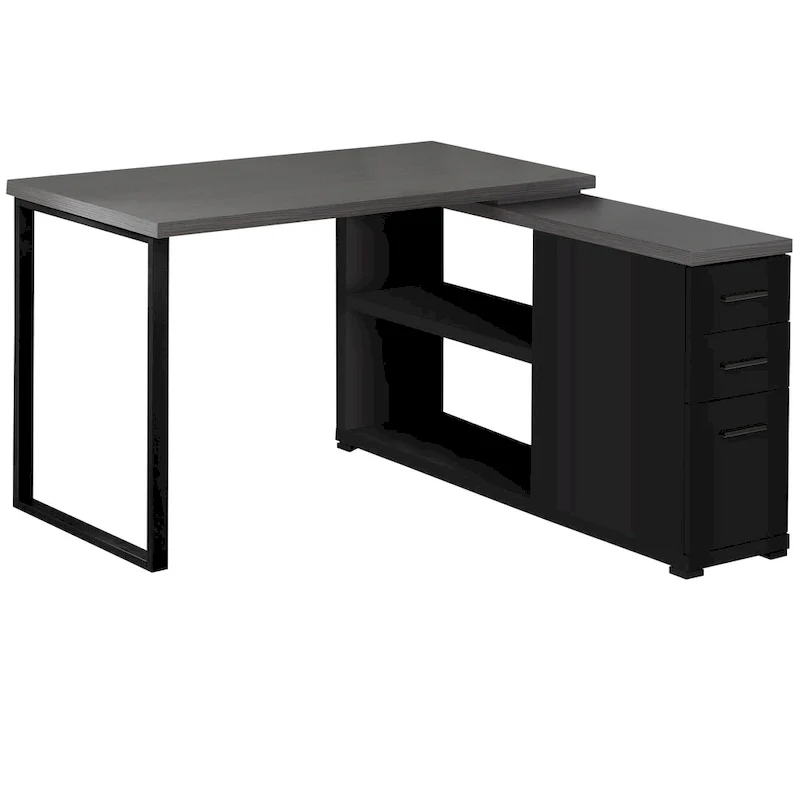 Grey Wood L-Shaped Computer Desk with Drawers and Metal Pedestal Base