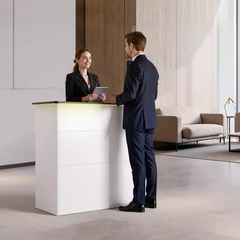 VEVOR Reception Desk, 50 inch Rectangular Front Counter Table, Modern Office Reception Desk with Light Strip, 3 Drawers & Storage Cabinets, White