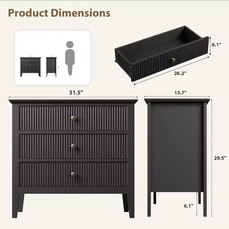 Fluted 3 Drawer Dresser, with Vertical Texture Wood Dresser for Bedroom, Living Room, Entryway,Nightstand with Storage Drawers