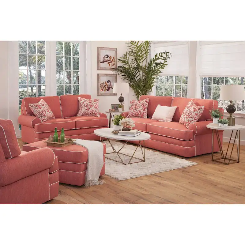 Coastal Round Accent Chair, Coral Linen-Look Fabric, Reversible Cushions, Living Room