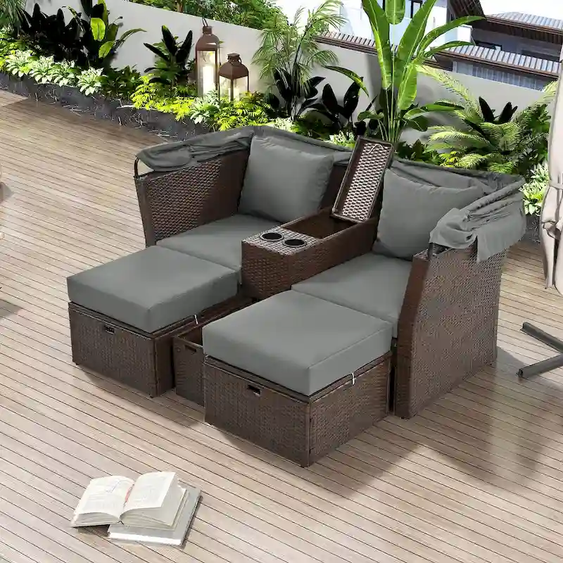 Convertible Outdoor Patio Daybed Loveseat Set with Retractable Sunshade, Cup Holders, Storage Boxes, Water-Repellent Cushions