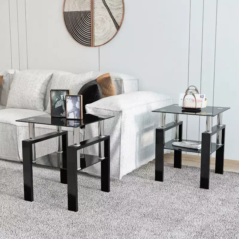 Glass Coffee Table, Modern Minimalist Square End Table with Metal Legs, Tempered Glass Top, for Home Office Living Room
