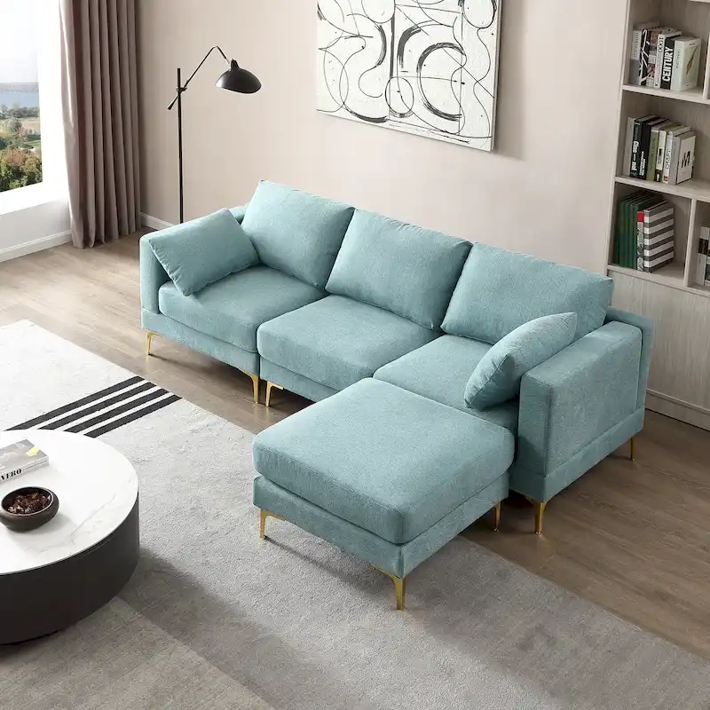 Christopher Knight Home - Beige L-Shape Sectional Sofa with Gold Metal Legs and Ottoman