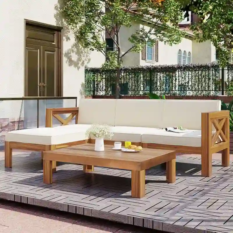 Outdoor Backyard Patio Wood 5-Piece Sectional Sofa Set with Cushions