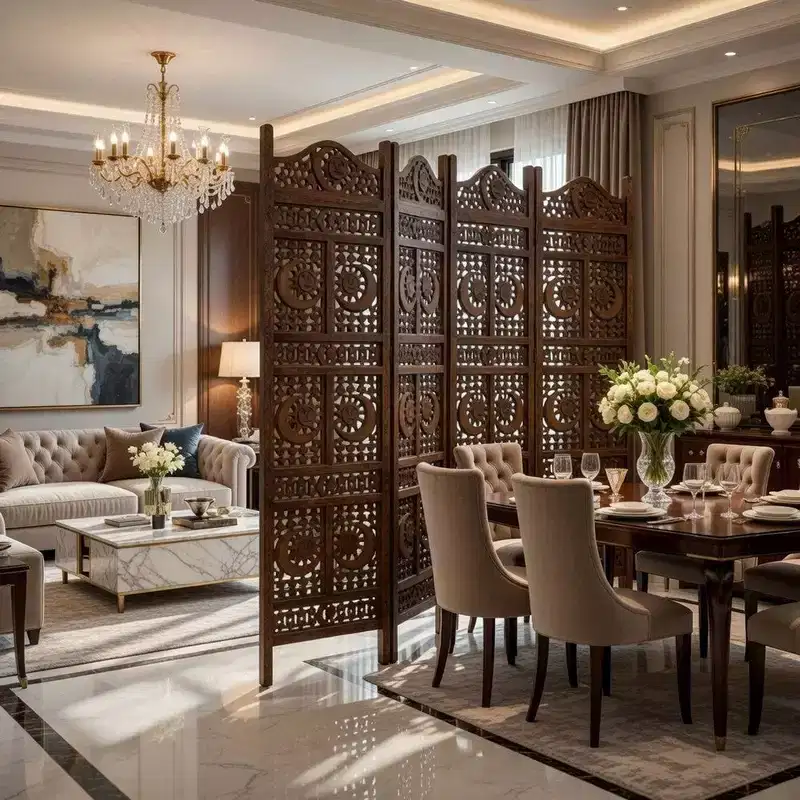 71 Inch 4 Panel Mango Wood Room Divider, Hand Carved, Sun & Moon Design, Brown