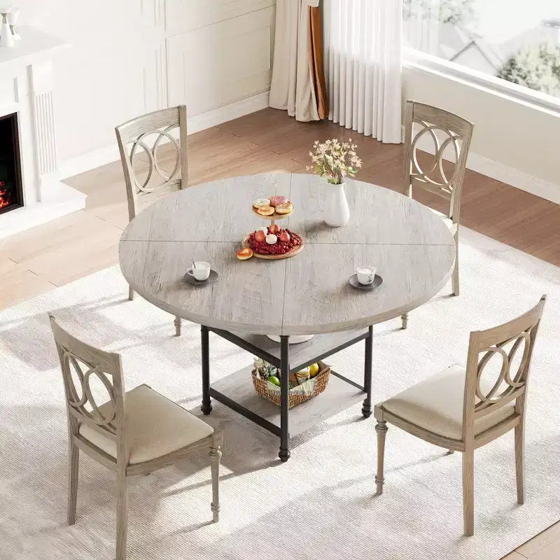 Round Dining Table for 4-6, Wooden Round Kitchen Table,3-Layer Modern Dinner Table with Storage Shelves, for Dining Room, Living Room(Table Only)