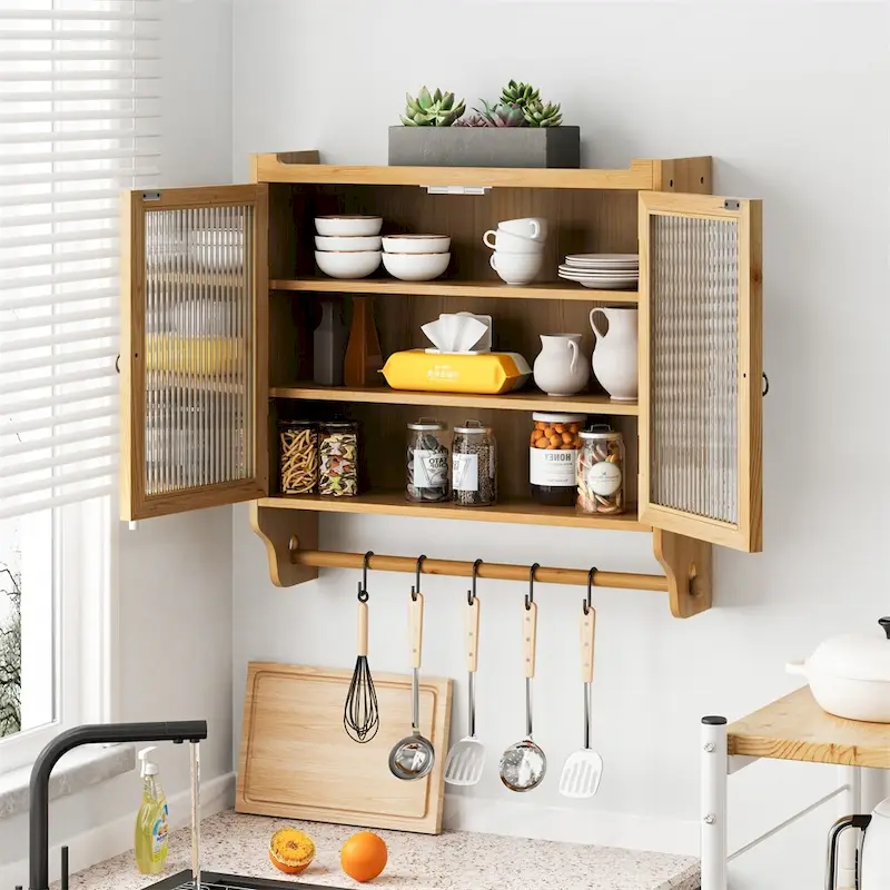 24.8Glass Door Vintage Double Door Wall Cabinet with Three Tiers