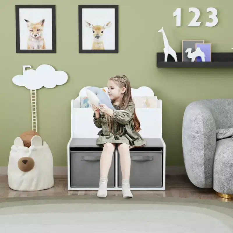 Whisen Kids Bookshelf with Storage Bins, Book Display Shelf and 2 Fabric Bins, Cute Bear-Shaped Backboard - White & Gray