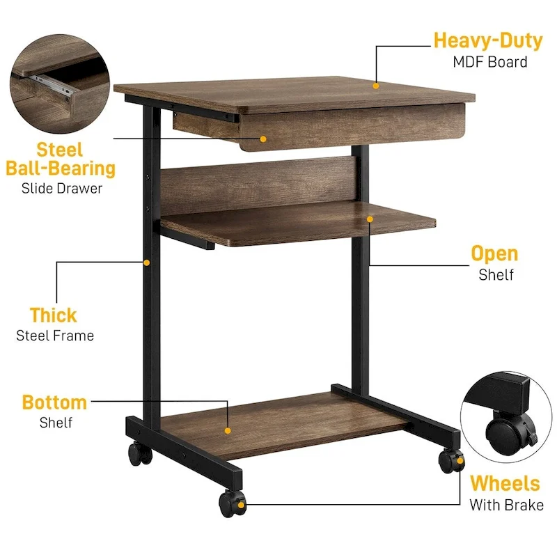 Yaheetech Rolling Computer Desk Table Tray Desk with Drawer and Shelf