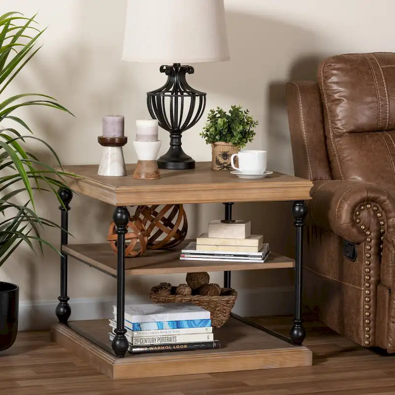 Traditional Industrial Wood and Black Metal 3-Tier End Table