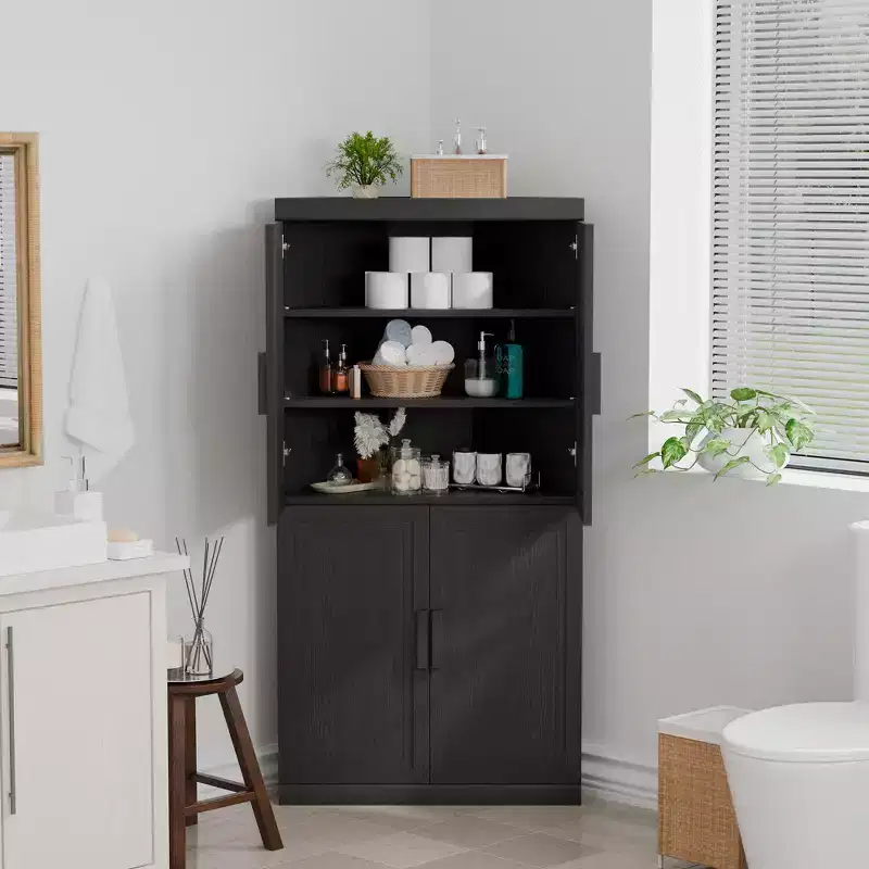 Modern Solid Wood 4 Doors Corner Storage Cabinet Efficient Storage for Home Cornei Libing Room Black