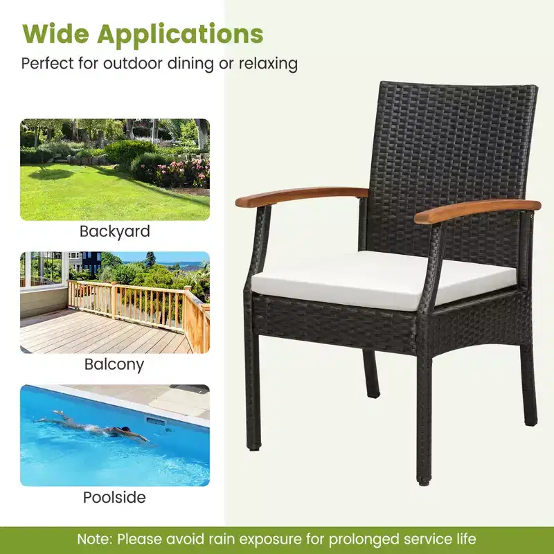 Costway Patio PE Wicker Chairs Acacia Wood Armrests with Soft Zippered Cushion Balcony