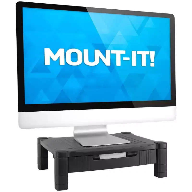 Mount-It! Monitor Riser with Drawer | Height Adjustable Monitor Stand with Sliding Three-Row Storage | Riser for Computer Screen, Printer, or Laptop