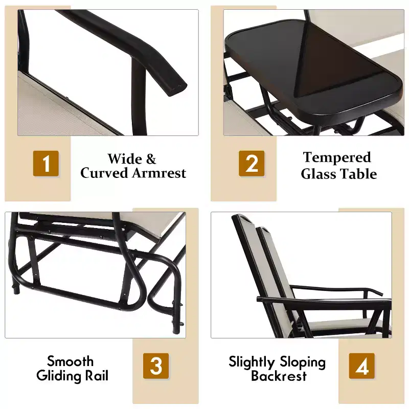 Costway 2 Person Patio Double Glider Steel Frame Loveseat Rocking with Center Table