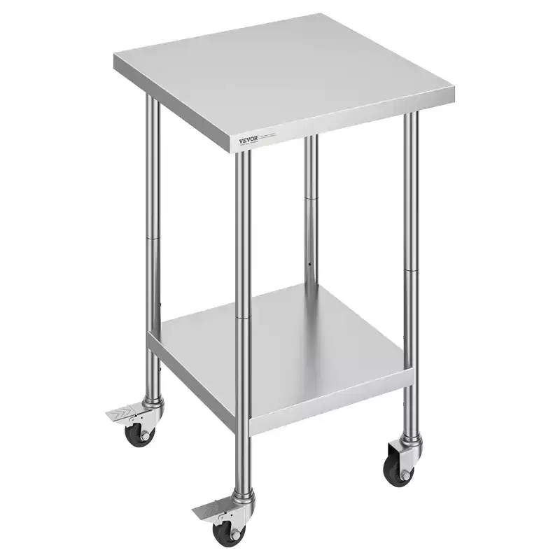VEVOR Stainless Steel Work Table 24 x 24 x 38 Inch,700 LBS Load Capacity with 4 Wheels,3 Adjustable Height Levels,HeavyDuty Food Prep Worktable