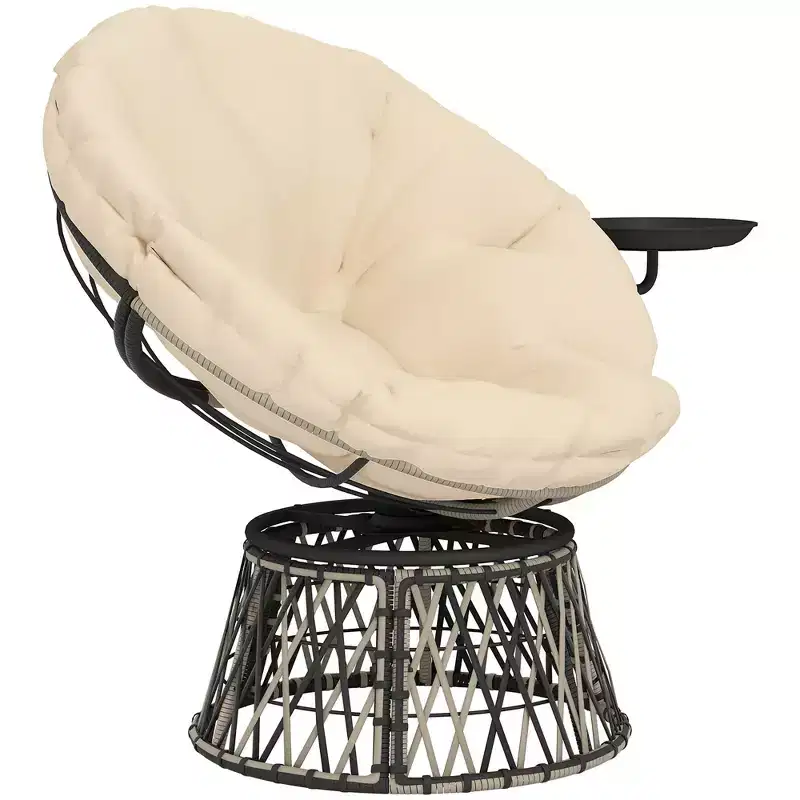 360 Degree Swivel Outdoor Papasan Chair, 39 Overstuffed Circle Chair with Side Tray, Thick Cushion for Indoor Patio