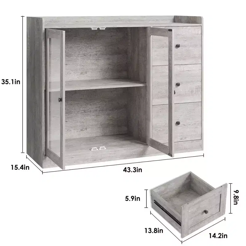 Gray 43 Buffet Sideboard Cabinet & Storage Dresser with Guardrail Design, Adjustable Shelves and 3 Drawers for Kitchen, Dining & Living Room