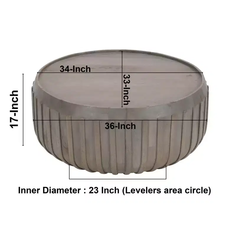 36 Inch Coffee Table, Handcrafted Drum Shape with Ribbed Edges, Mango Wood