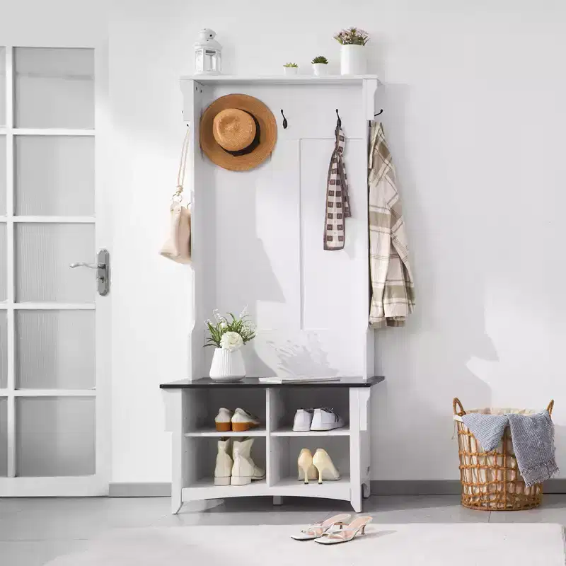 Hall Tree Entryway Bench with Coat Rack and Shoe Storage, 32