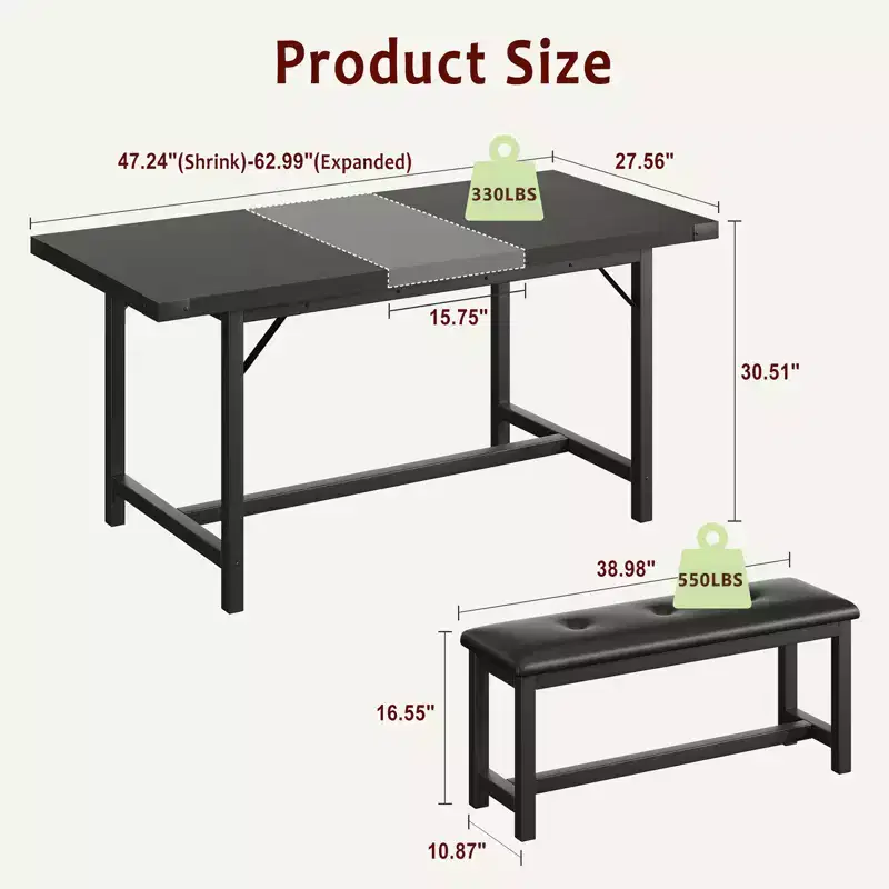 Dining Table Set for 4-6, Large Extendable Wooden Kitchen Table Set for 6, Rectangle Kitchen Table Set with 2 Upholstered Benches