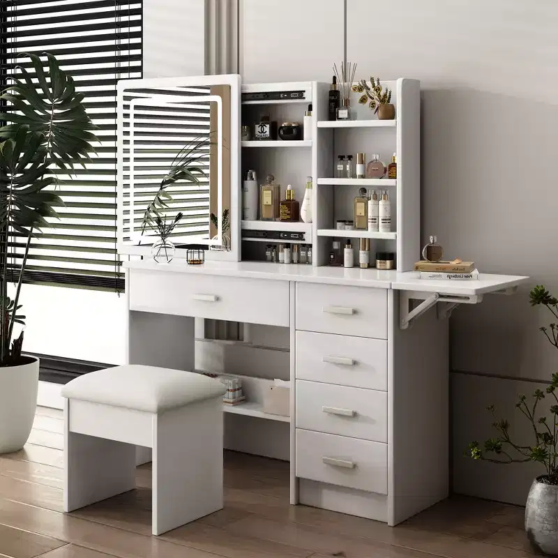 GDFStudio Raya Modern 43.3'' Mirror Vanity Desk with Lights, 1 Chair, 5 Drawers and Open Shelves