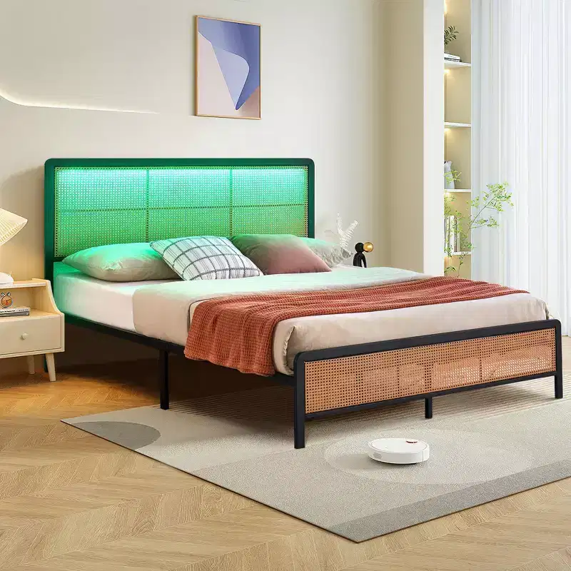 Rattan Bed Frame with Headboard LED Lights, Storage and Footboard Easy Assembly, No Box Spring Needed