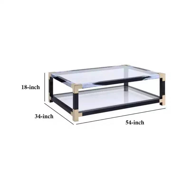 Metal Coffee Table with Glass Top and Shelf, Black