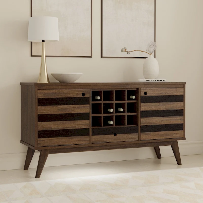 WYNDENHALL Wright SOLID ACACIA WOOD 60 inch Wide Rectangle Mid Century Sideboard with Wine Storage in Rustic Natural Aged Brown