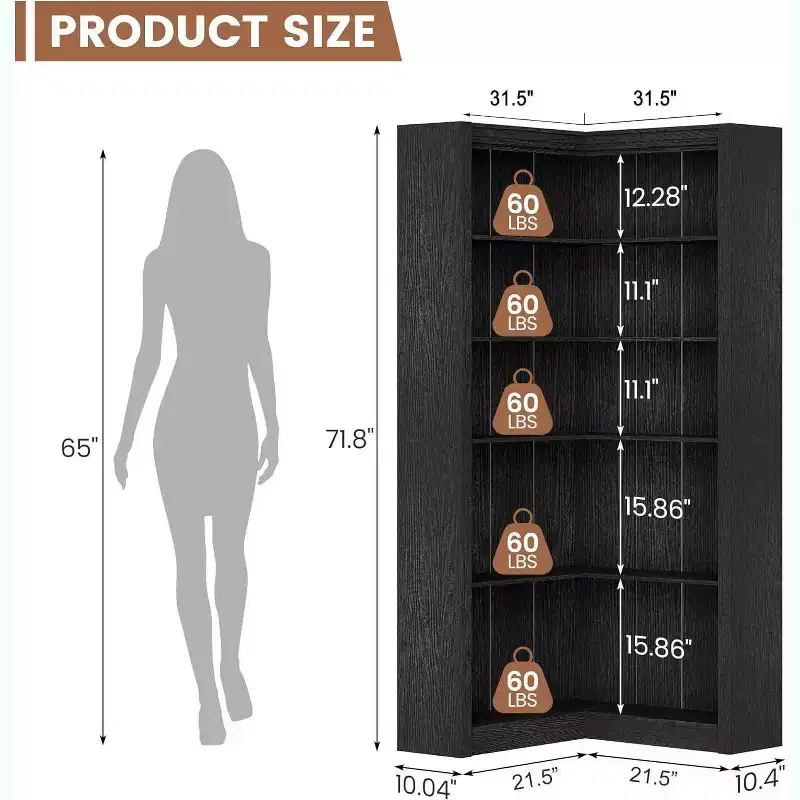 Black/Brown/Natural/White L-Shaped Corner Bookshelf, 5-Tier, for 1 Person
