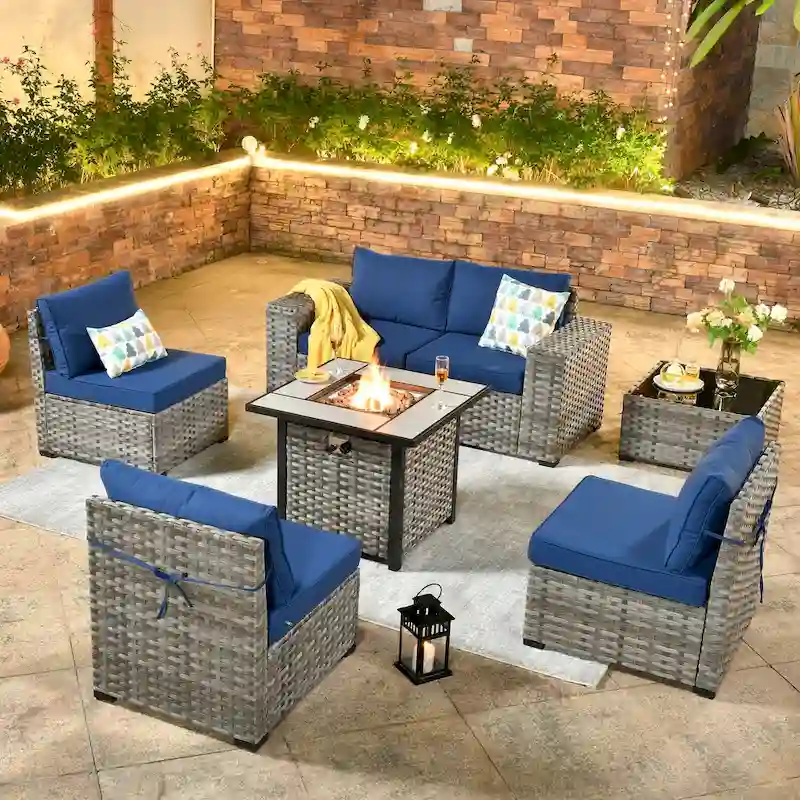 OVIOS Patio Wicker Furniture Wide Arm 7-piece Fire Pit Set with Table