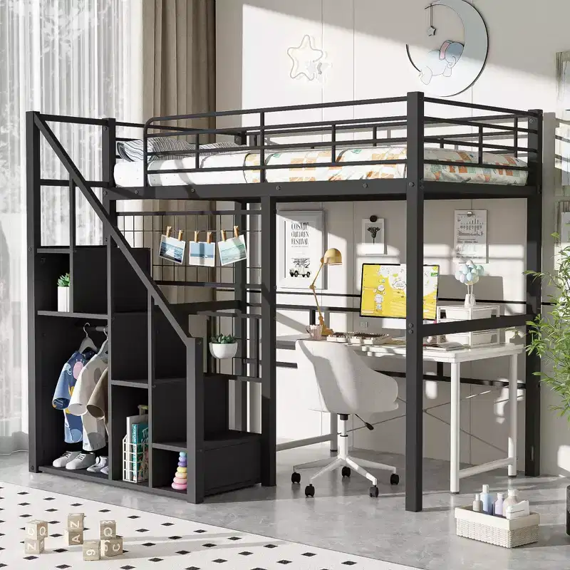 Twin Size Loft Bed with Stairs for Kids, Metal Loft Beds with Small Wardrobe, High Lofted Bed Frame with Decorative Mesh