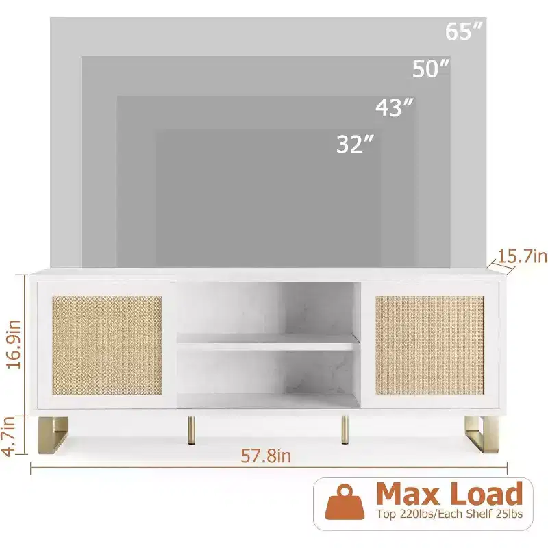 65 Inch Modern TV Stand with Rattan & Marble Finish - White & Gold Entertainment Center with Storage Doors & Shelves