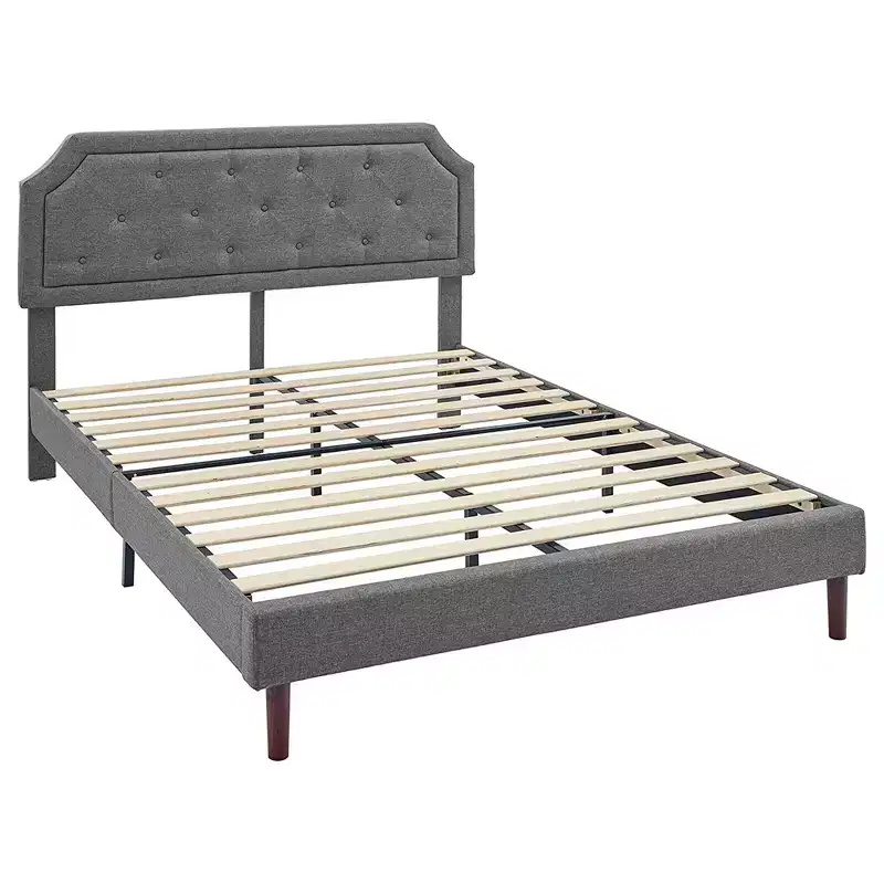 Queen Upholstered Platform Bed — Button-Tufted Headboard, Dark Grey, No Box Spring Needed