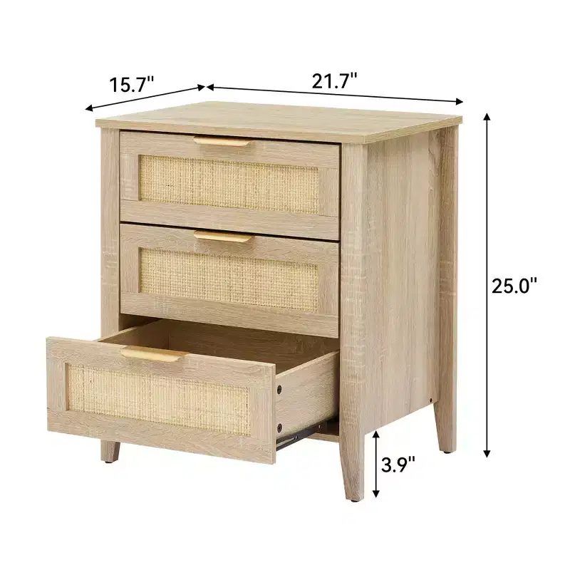 Rattan Nightstand, Boho Bedside Table with 3 Drawers and Storage Shelf, Sturdy Wood Legs for Kids' Room, Farmhouse, Bedroom