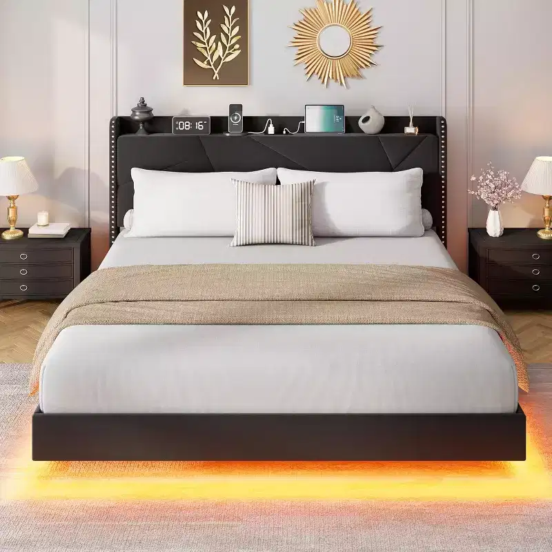 Modern Floating Platform Bed Frame with RGB LED Lights, Charging Station & Wooden Slats