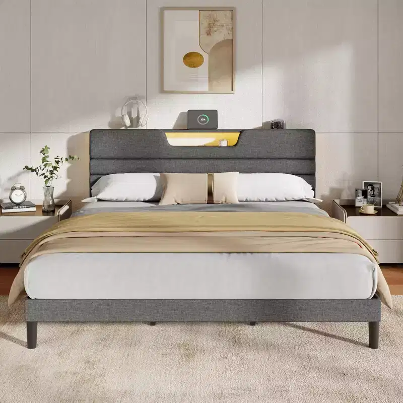 King Modern Grey Upholstered Platform Bed Frame Storage Headboard 2 Tier Shelf LED Lights Charging Station USB Ports No Box Spring Needed Wood Slats
