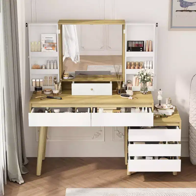 Vanity Desk with Mirror and Lights, Small Makeup Vanity Table with Drawers, Make up Desk for Teen Girls and Women