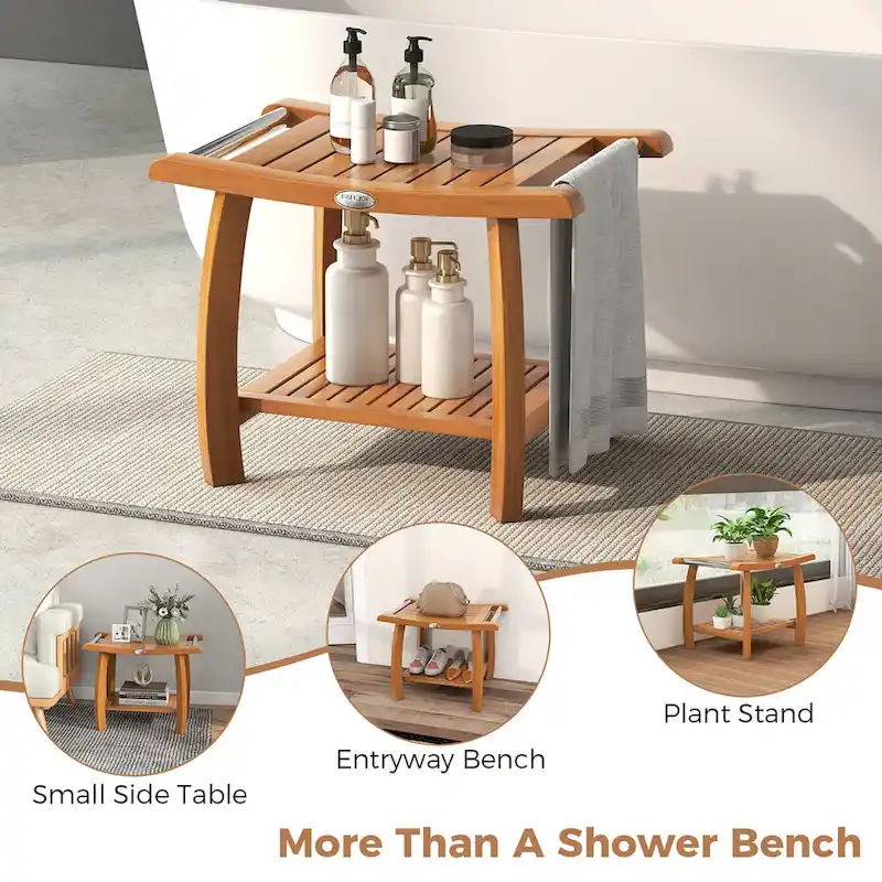 Gymax Teak Wood Shower Bench 2-Tier Wooden Shower Stool w/ Curved Seat