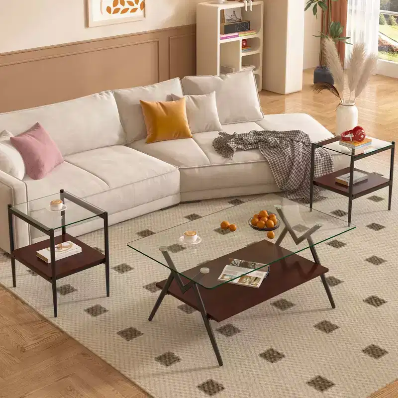 Set of 3 Coffee Table and End tables , Tempered Glass Table with MDF layer, Modern Tables for Living Room , Transparent Glass