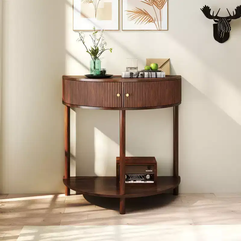 TUYOHW Wave-Pattern Half Moon Console Table,Entryway Table with 2 Drawers,Wood Sofa Table with Bottom Shelf for Living Room,Hallway,Bedroom