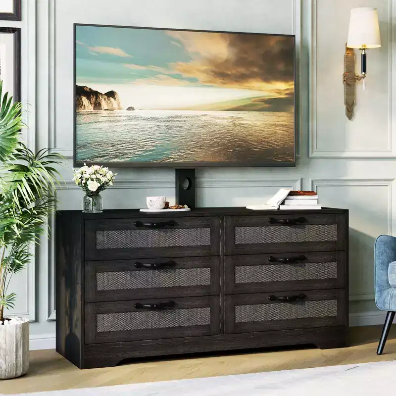 Modern TV Stand with Mount for 32-85 TVs  6-Drawer Rattan Dresser  Media Console with Generous Storage for Living Room or Bedroom