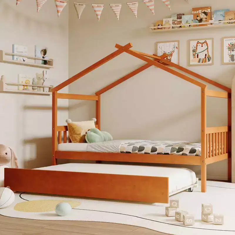 Bellemave Twin Wooden House Bed Frame with Roof, Playhouse Bed with Trundle,Walnut