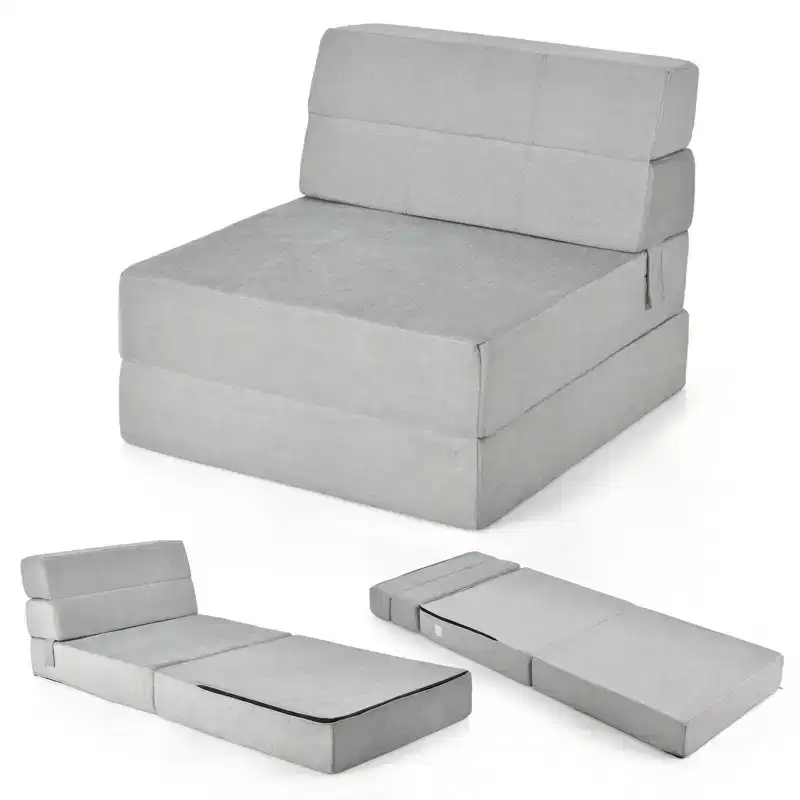 Tri-Fold Fold Down Chair Flip Out Lounger Convertible Sleeper Bed Couch Dorm Grey