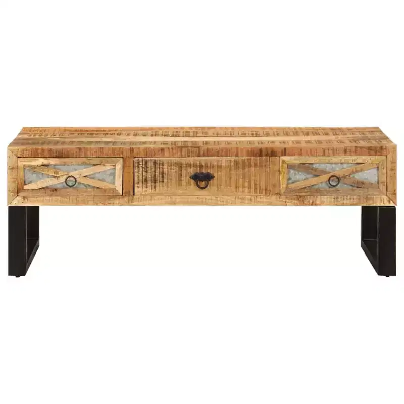vidaXL Solid Mango Wood Coffee Table with Steel Legs - Rustic, Industrial Style, Rectangular with Storage Drawers, Natural Brown