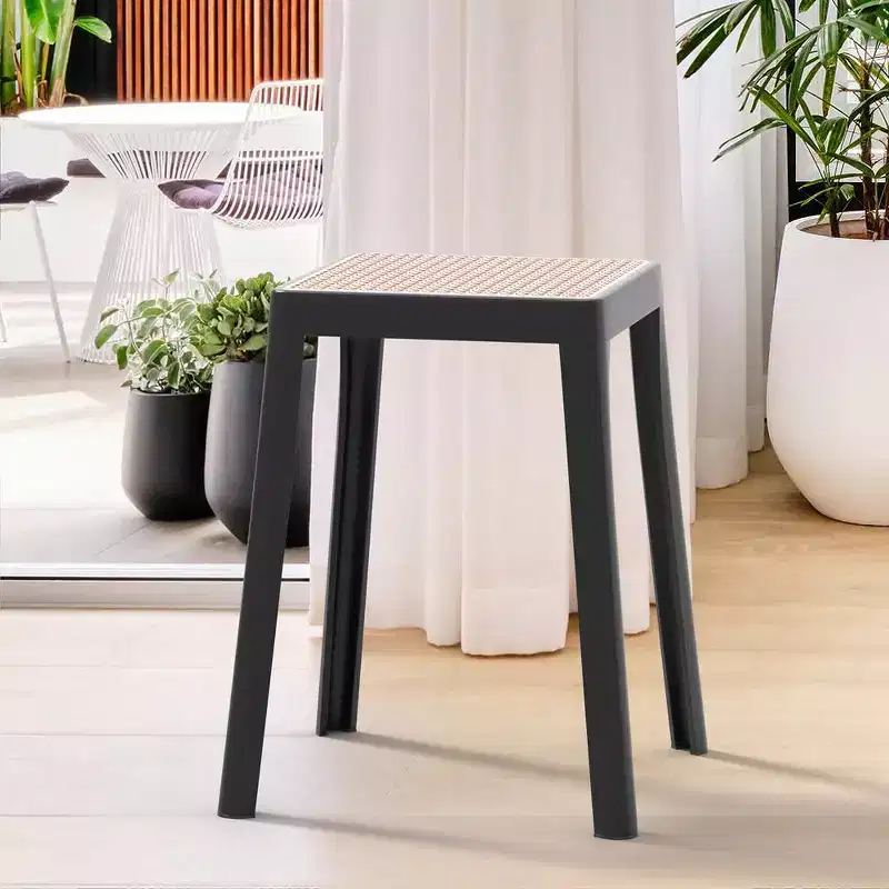 Stackable Square Dining Stool with Wicker Top, Lightweight Durable Design for Kitchen, Garden, Balcony, Cafe, Deck, or Terrace Use