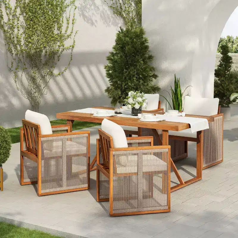 Christopher Knight Home Reina Modern 5 Piece Outdoor Acacia Wood Dining Set with Handwoven Cord
