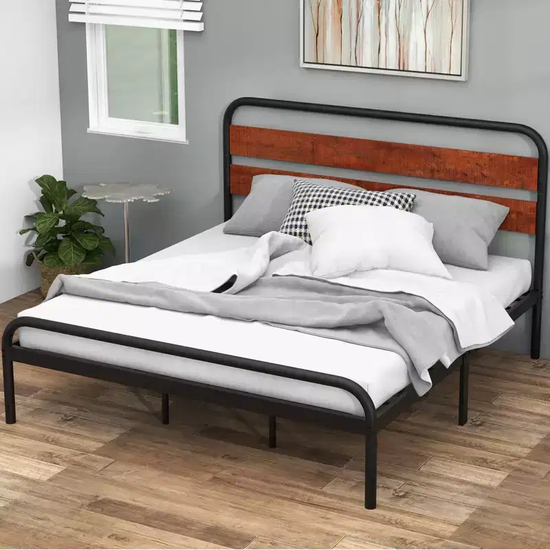 King Size Industrial Platform Bed Frame with Wooden Headboard & Metal Slat Support