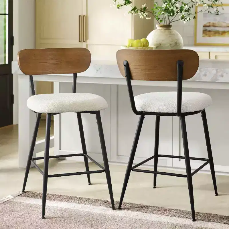 Set of 2 Mid-Century Modern Counter Height Bar Stools, 27 White Boucle Kitchen Chairs with Ash Wood Back