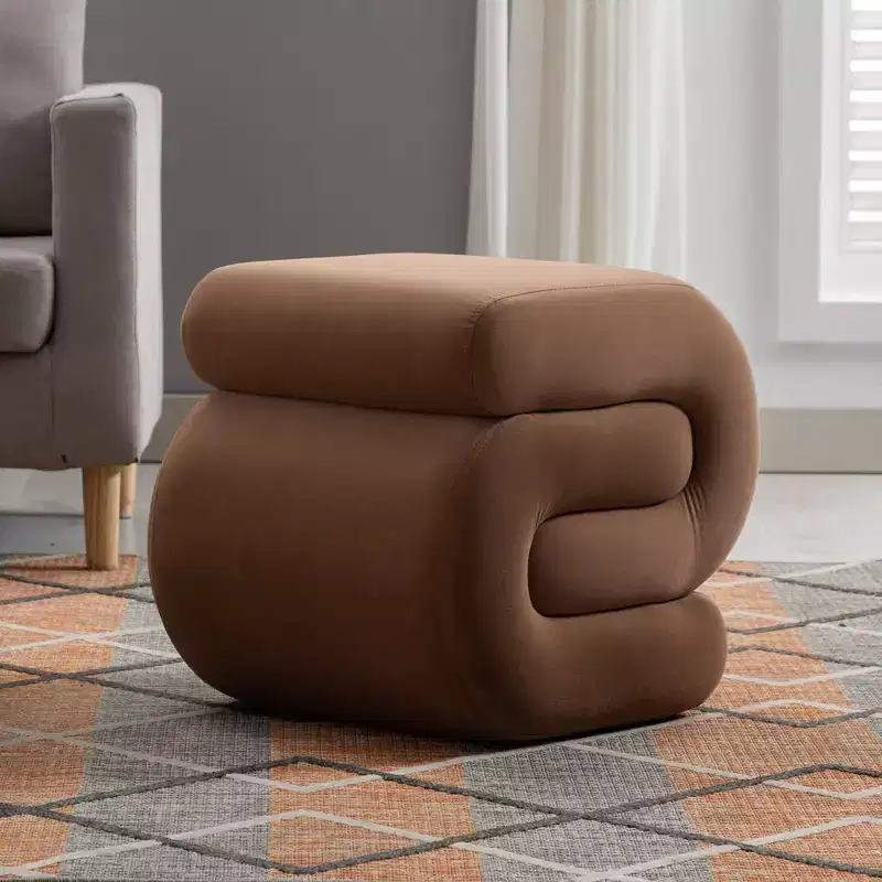 20W Velvet Upholstered Wood S-Shape Ottoman, Modern Accent Footrest